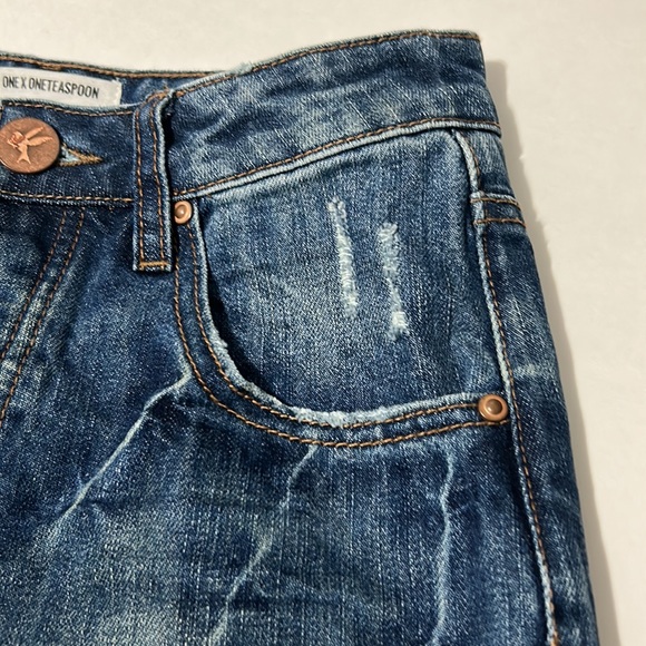 One Teaspoon High Waist Bandits Tuscany Dark Blue Wash Distressed Bleach Dye 25 - Picture 7 of 16